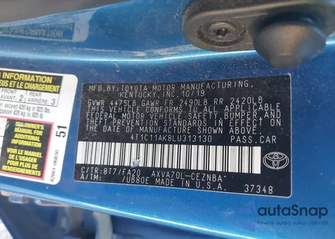 2020 Toyota Camry Le из США, поврежденный, VIN 4T1C11AK8LU313130